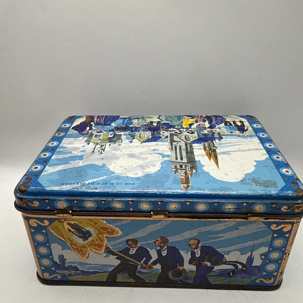 Old French Metal Tin Sur La Place De Pleyben Vibrant Colors 7x5